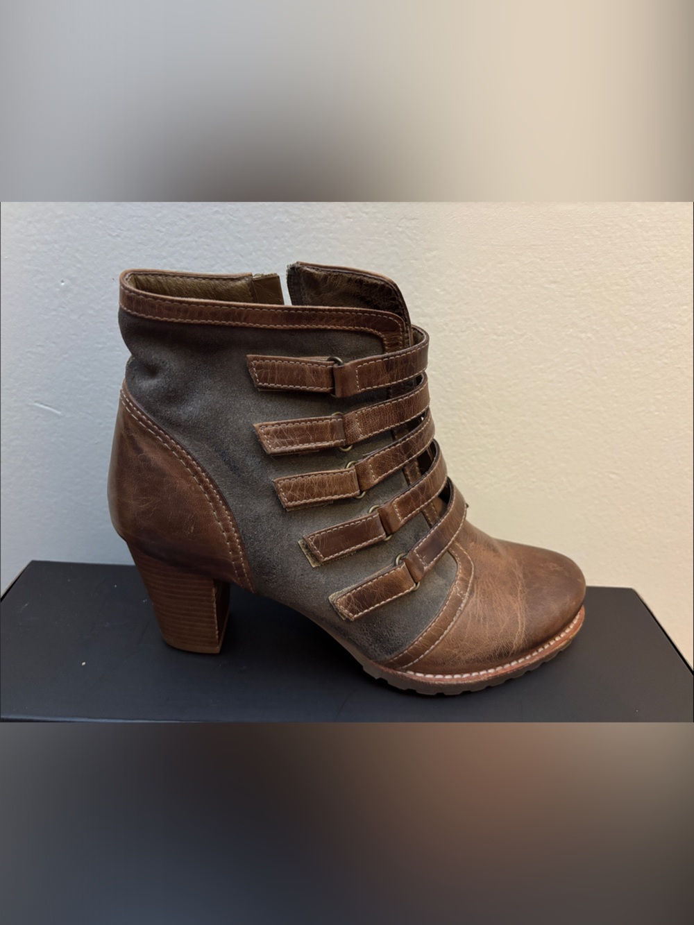 Antelope Brown Strappy Mid-Heel Ankle Boot